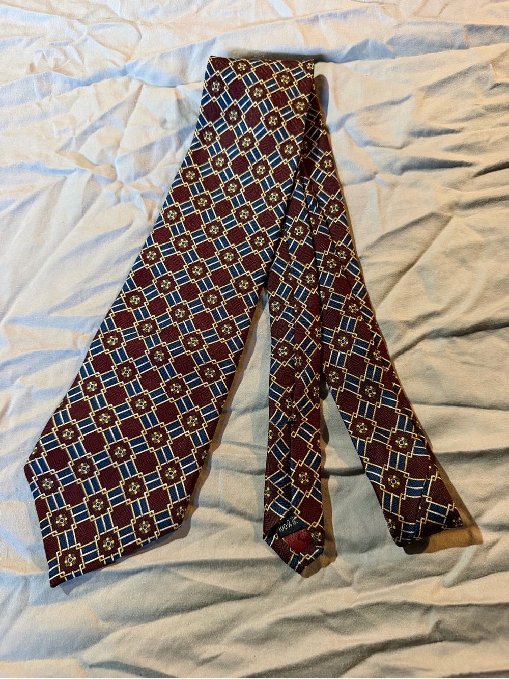 Geoffrey Beene Burgundy Geometric Silk Tie with Blue and Gold Accents